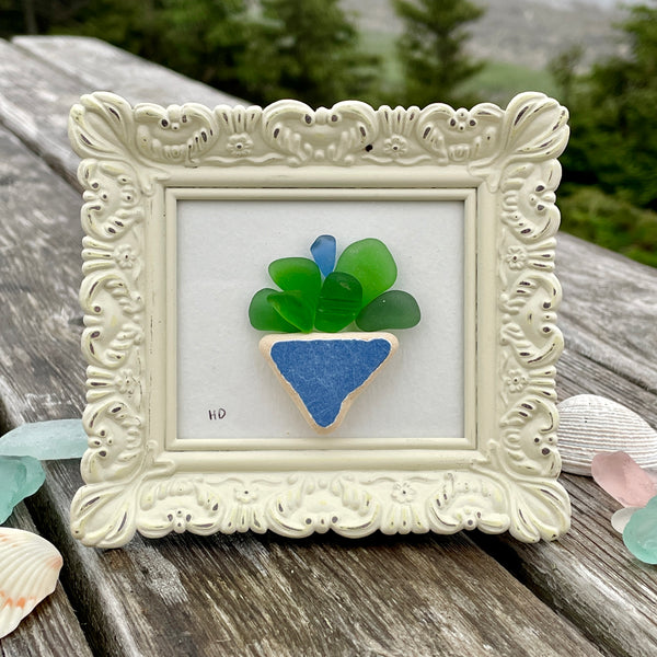 Ivy Plant in Blue Vase  - Miniature Sea Glass Art