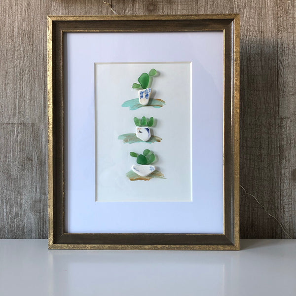 8 x 10 Succulent & Cactus Framed Seaglass Art