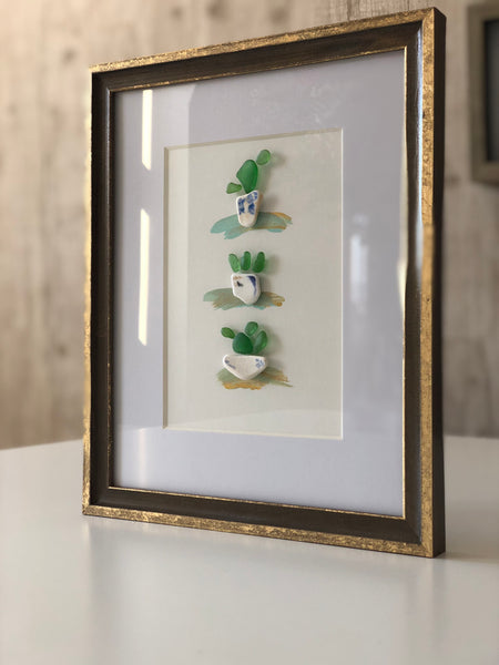8 x 10 Succulent & Cactus Framed Seaglass Art