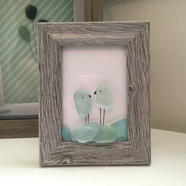 Birds On The Shoreline - Tiny Framed Seaglass Art