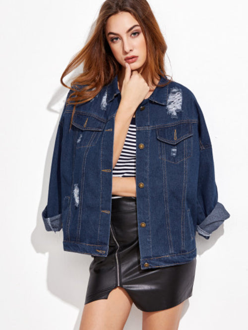 Blue Ripped Single Breasted Denim Jacket