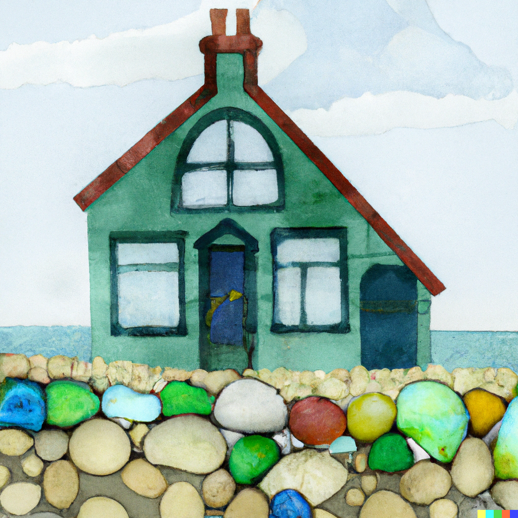 Watercolor Seaside Seaglass Digital Art Print - Emerald Home By The Sea