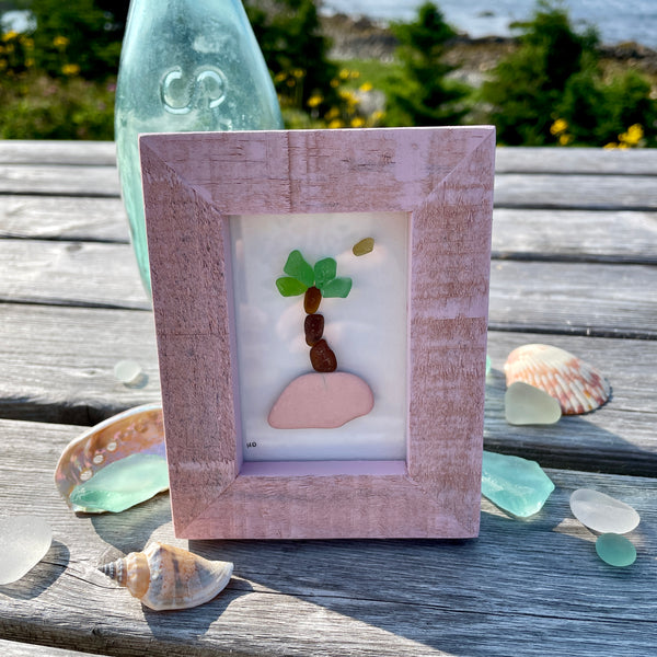 Tropical Palm Tree - Miniature Framed Seaglass Art
