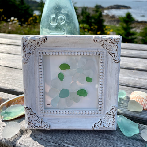 Blue Sea Glass Wildflower - Miniature Framed Seaglass Art