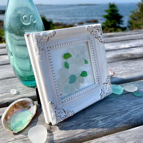 Blue Sea Glass Wildflower - Miniature Framed Seaglass Art