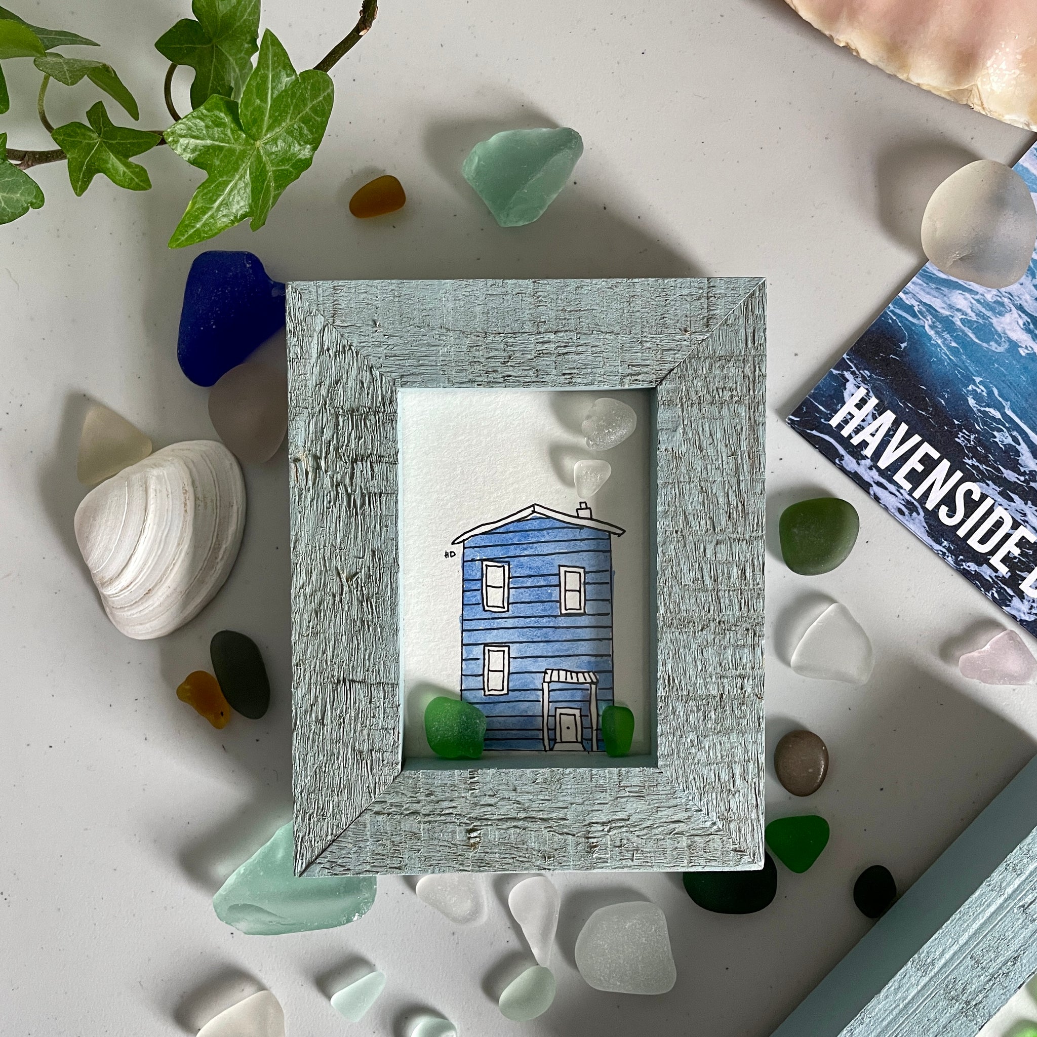 Blue Seaside House - Miniature Framed Seaglass Art