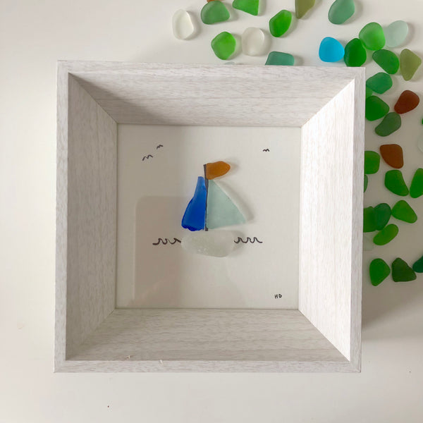 Sailboat Seaglass Art - 5x5 Framed Mini Seaglass Art