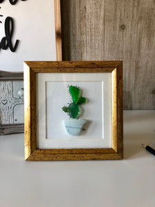 Tiny Potted Cactus Plant - 5x5 Seaglass Framed Art