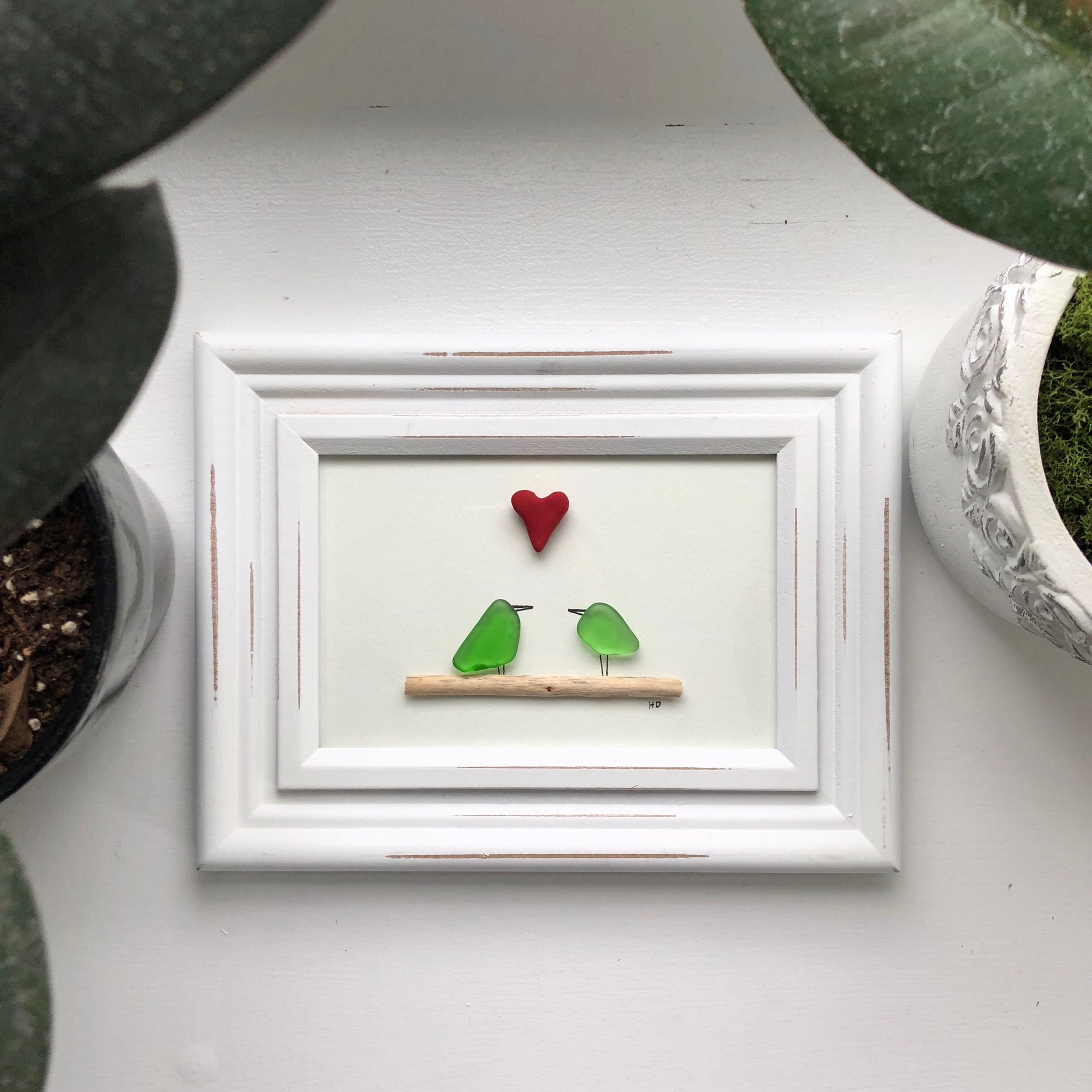 Love Birds Seaglass Art 4x6 Framed Coastal Art