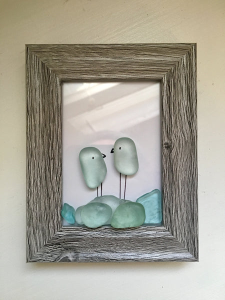 Birds On The Shoreline - Tiny Framed Seaglass Art