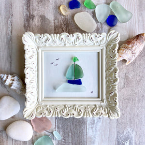 Sailboat in Louisbourg Harbor - Miniature Sea Glass Art