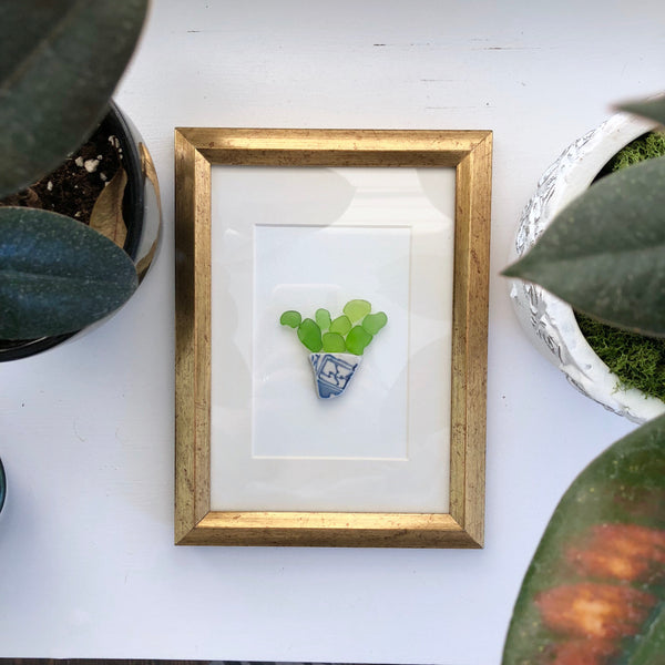 5x7 Potted Succulent Plant Framed Seaglass Art