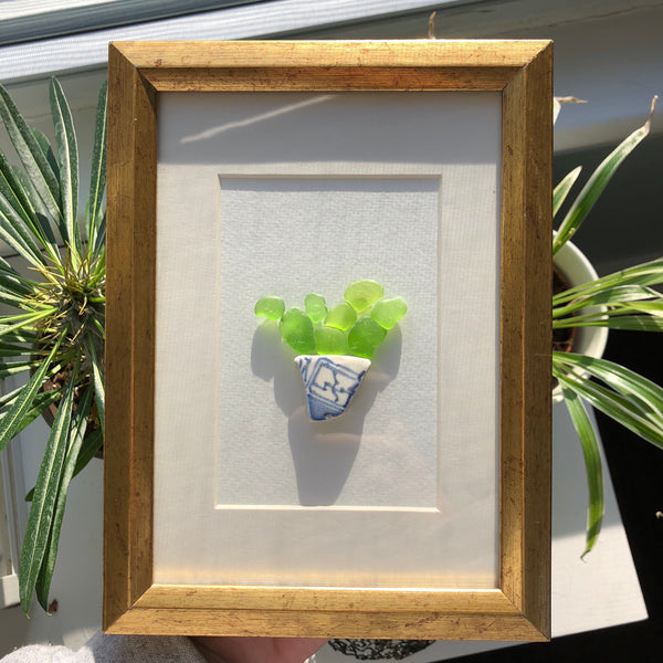 5x7 Potted Succulent Plant Framed Seaglass Art