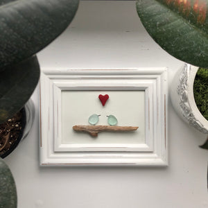 Robins Egg Blue - Love Birds Seaglass Art 4x6 Framed Coastal Art