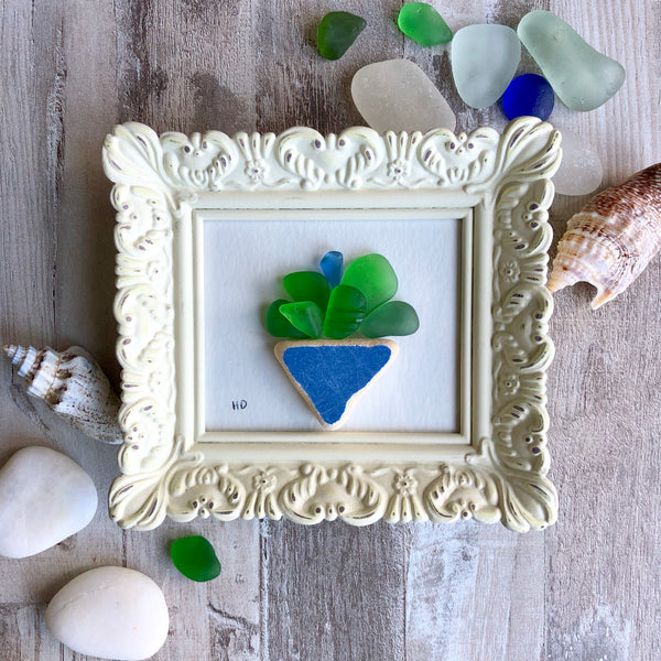 Ivy Plant in Blue Vase  - Miniature Sea Glass Art