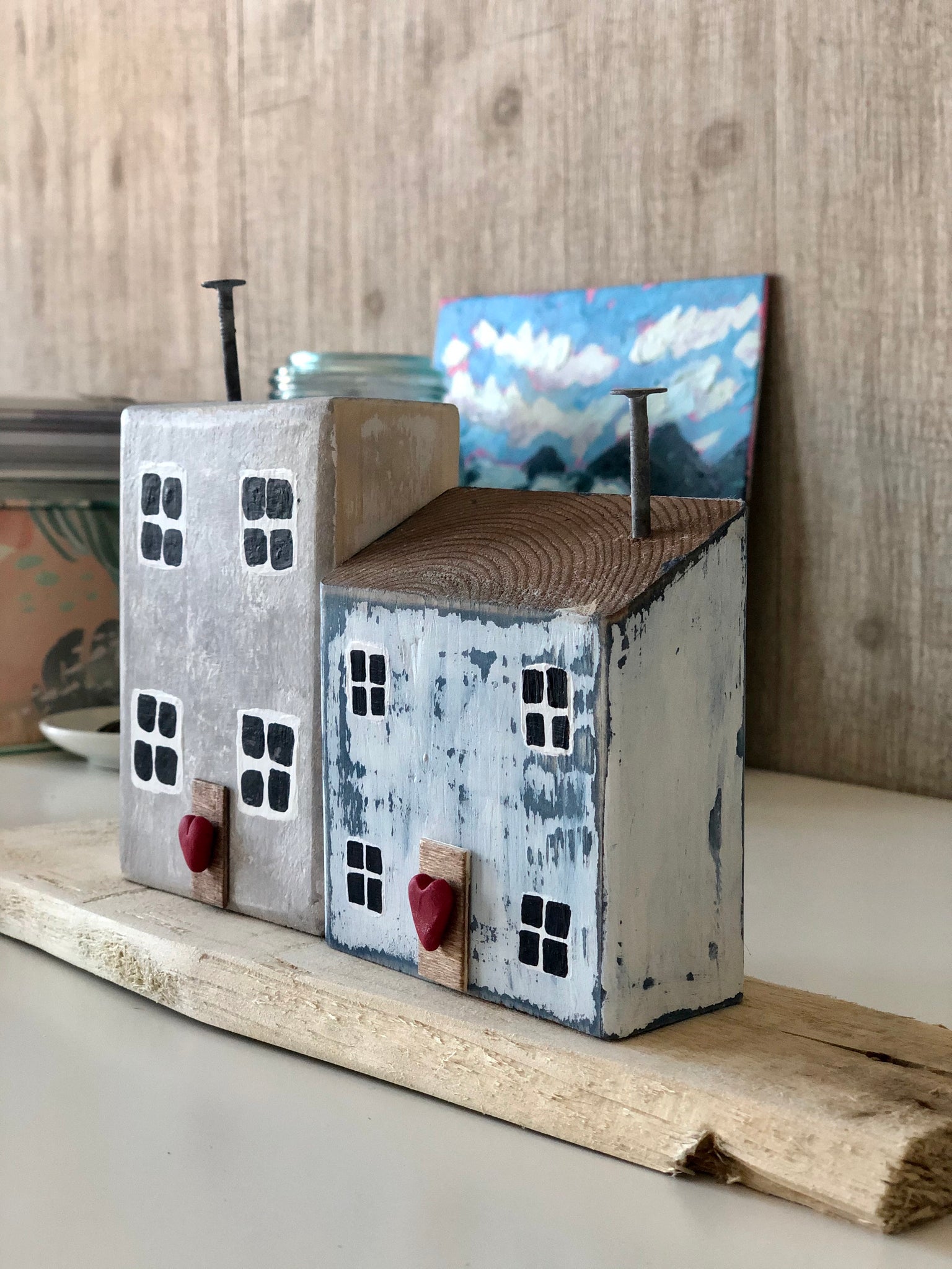 Sumter Blue & Monument Grey Handmade Miniature Seaside Cottage Folk Art Set