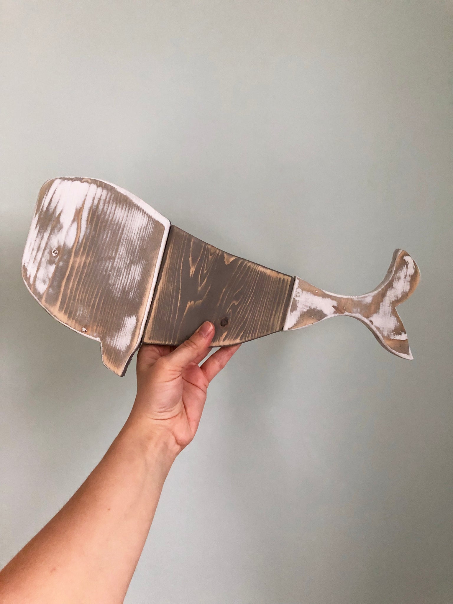 Wooden Whale Wall Art - Grey & White - Weathered Beach Decor